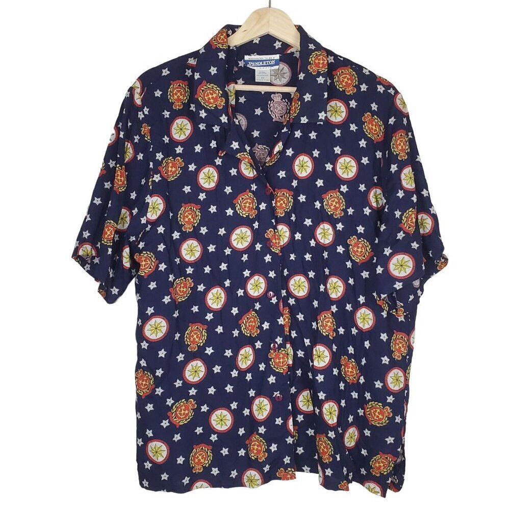 Vintage Pendleton Shirt 16 XL Button up Classic Navy Nautical Rayon Short Sleeve